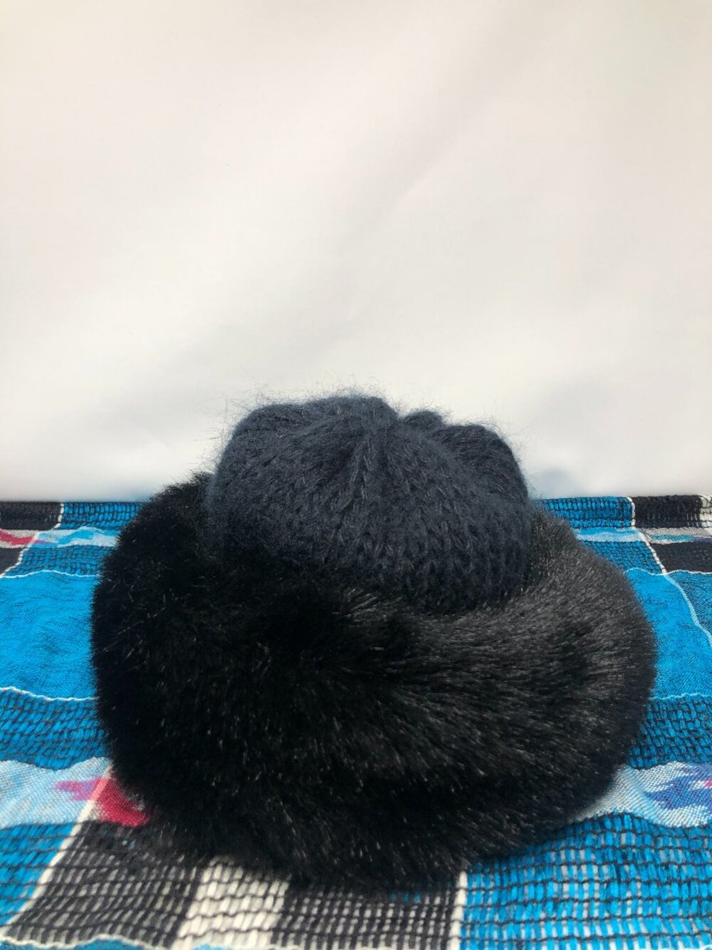 Vintage AKS Black Faux Fur Knit Winter Hat